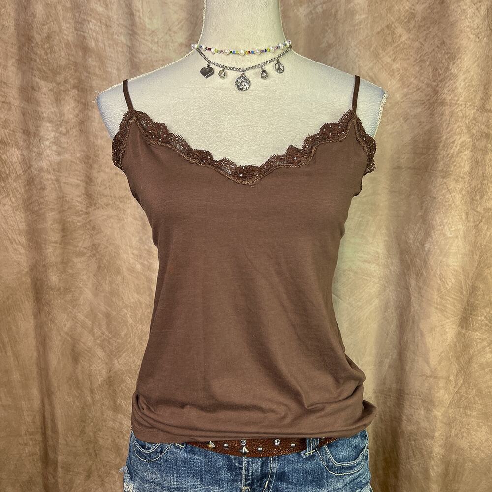 American Eagle Rhinestone Cami Tank Top Brown V Neck Floral Lace Trim Y2K Indie